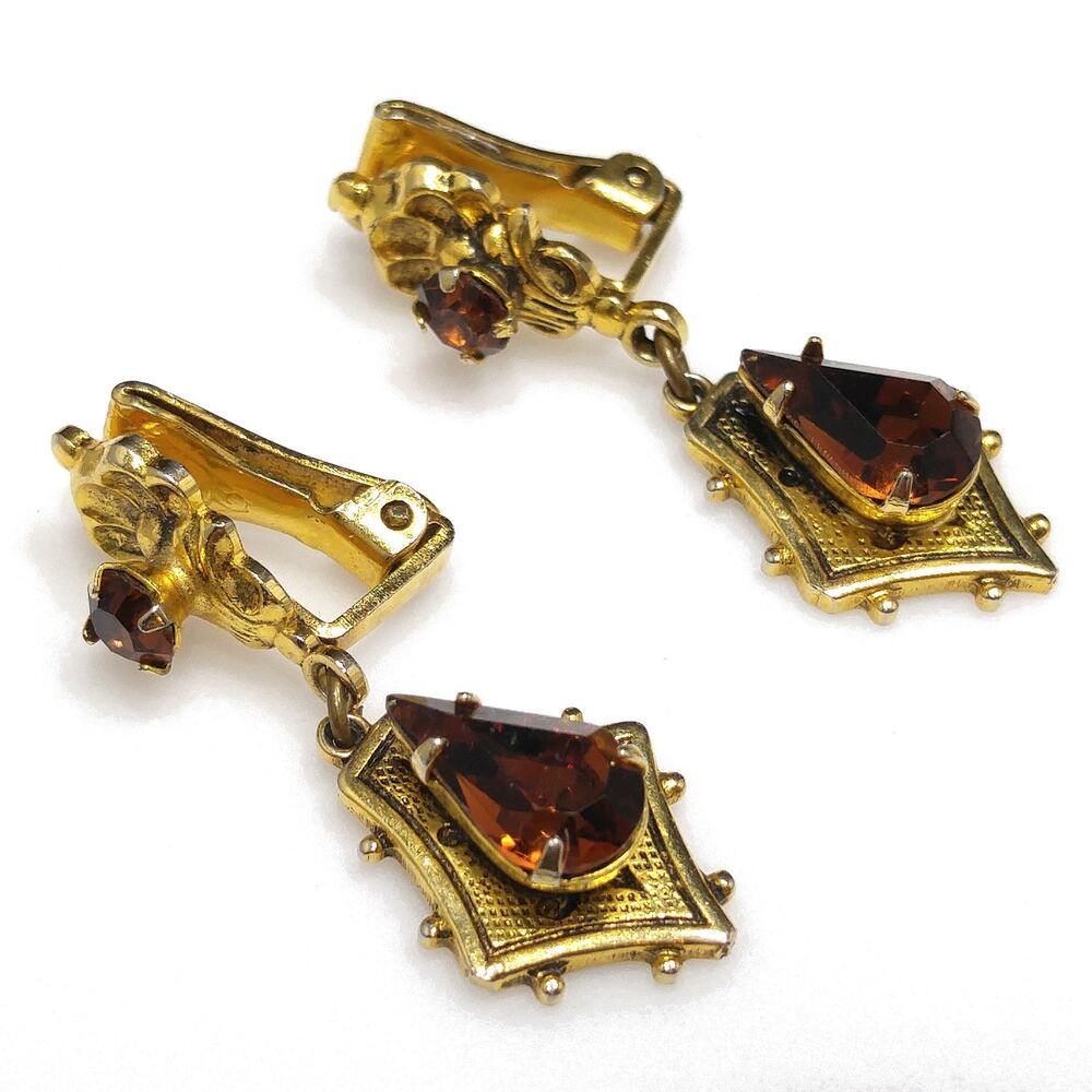 Vintage Topaz Rhinestone Clip Earrings, Teardrop Rhinestone, 1960s Jewelry